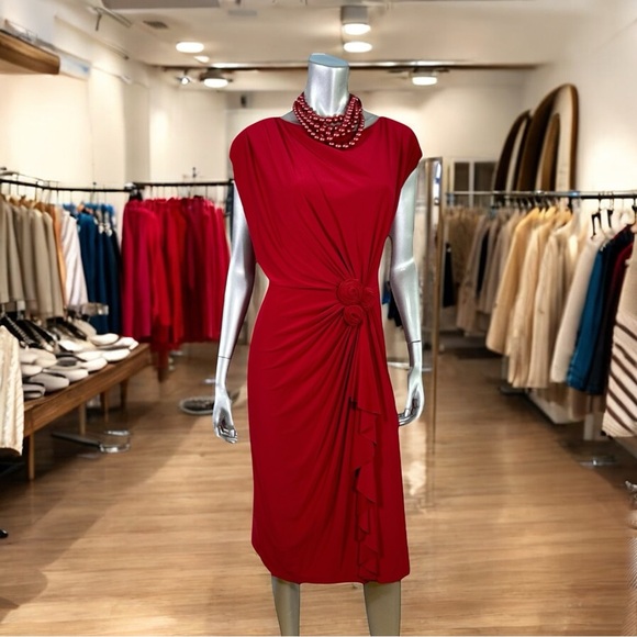 Jones New York Red Ruched Midi Rosette Sheath Dress 18W - Picture 5 of 9